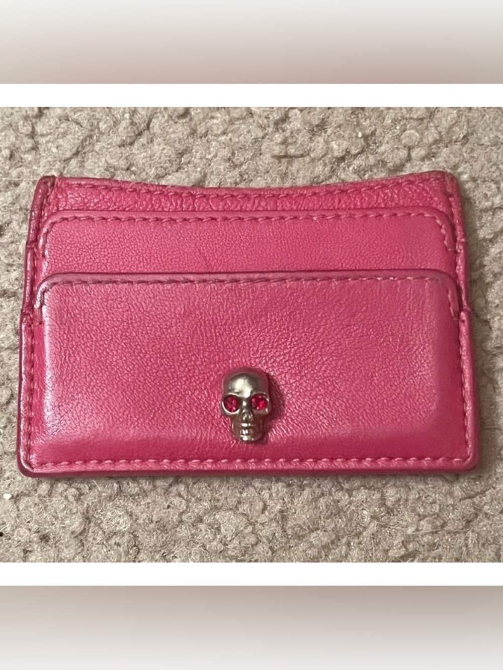 ALEXANDER MCQUEEN Leather Card Holder Compact Wallet Pink w/ Skull Detail + COA